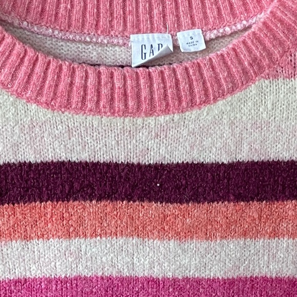 Gap Forever Cozy Ribbed Crewneck Sweater Puff Drop Sleeve Pink Multi Stripe Sz S - Picture 4 of 11